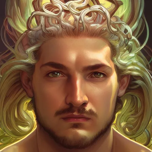 Image similar to male medusa, highly detailed, digital painting, cute face, artstation, concept art, smooth, sharp focus, illustration, art by artgerm and greg rutkowski and alphonse mucha