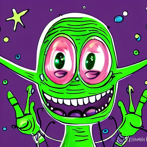 Image similar to an alien that is happy to meet you, he is greeting you warmly, digital art, smiling, cheerful, 35mm