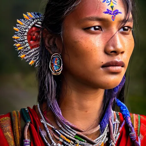 Image similar to portrait of a stunningly beautiful alluring nepalese tribal female, depth of field, zeiss lens, detailed, symmetrical, centered, fashion photoshoot, by annie leibovitz and steve mccurry, david lazar, jimmy nelsson, breathtaking, 8 k resolution, extremely detailed, beautiful, establishing shot, artistic, hyperrealistic, beautiful face, octane render