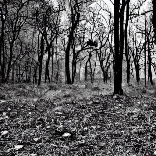 Prompt: a landscape by the blair witch project | horror themed | creepy