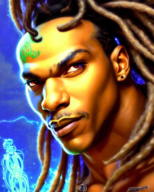 Image similar to lucio from overwatch, dreadlocks, fantasy, fantasy art, character portrait, portrait, close up, highly detailed, intricate detail, amazing detail, sharp focus, vintage fantasy art, vintage sci - fi art, radiant light, caustics, by boris vallejo