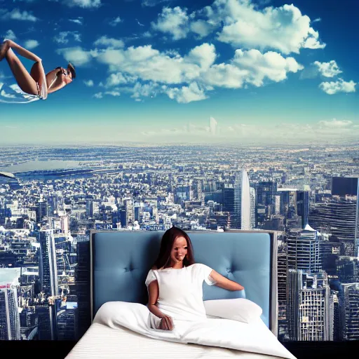 Prompt: a woman laying down on a flying mattress, she is looking down on the buildings far below her, uhd, 8k, dreamy, photo, hyper detailed,