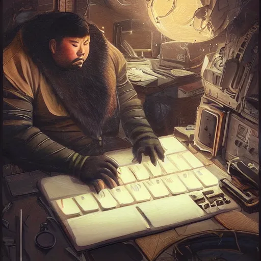 Image similar to a insanely detailed painting of a thick asian man wearing a homemade superhero costumed, sitting at a computer desk typing on the keyboard, in the style of peter mohrbacher, dramatic lighting and composition, trending on artstation, concept art, comic book, graphic novel