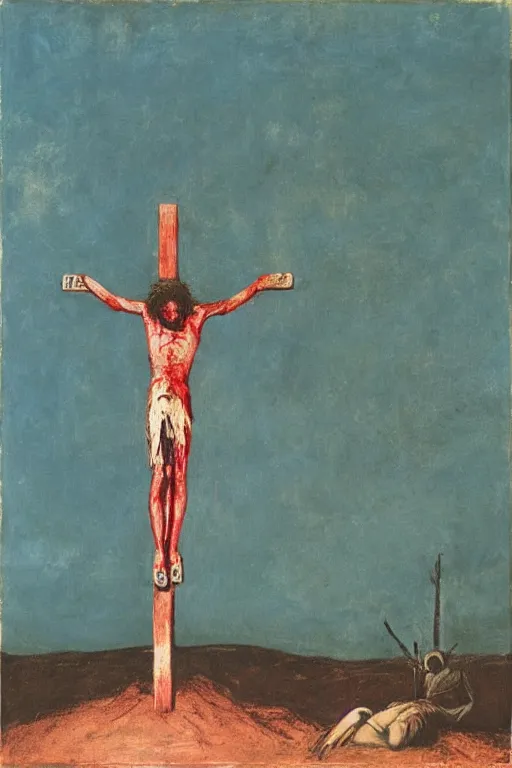 Image similar to bloody christ crucified and a huge ufo in the sky painted by cy twombly and andy warhol