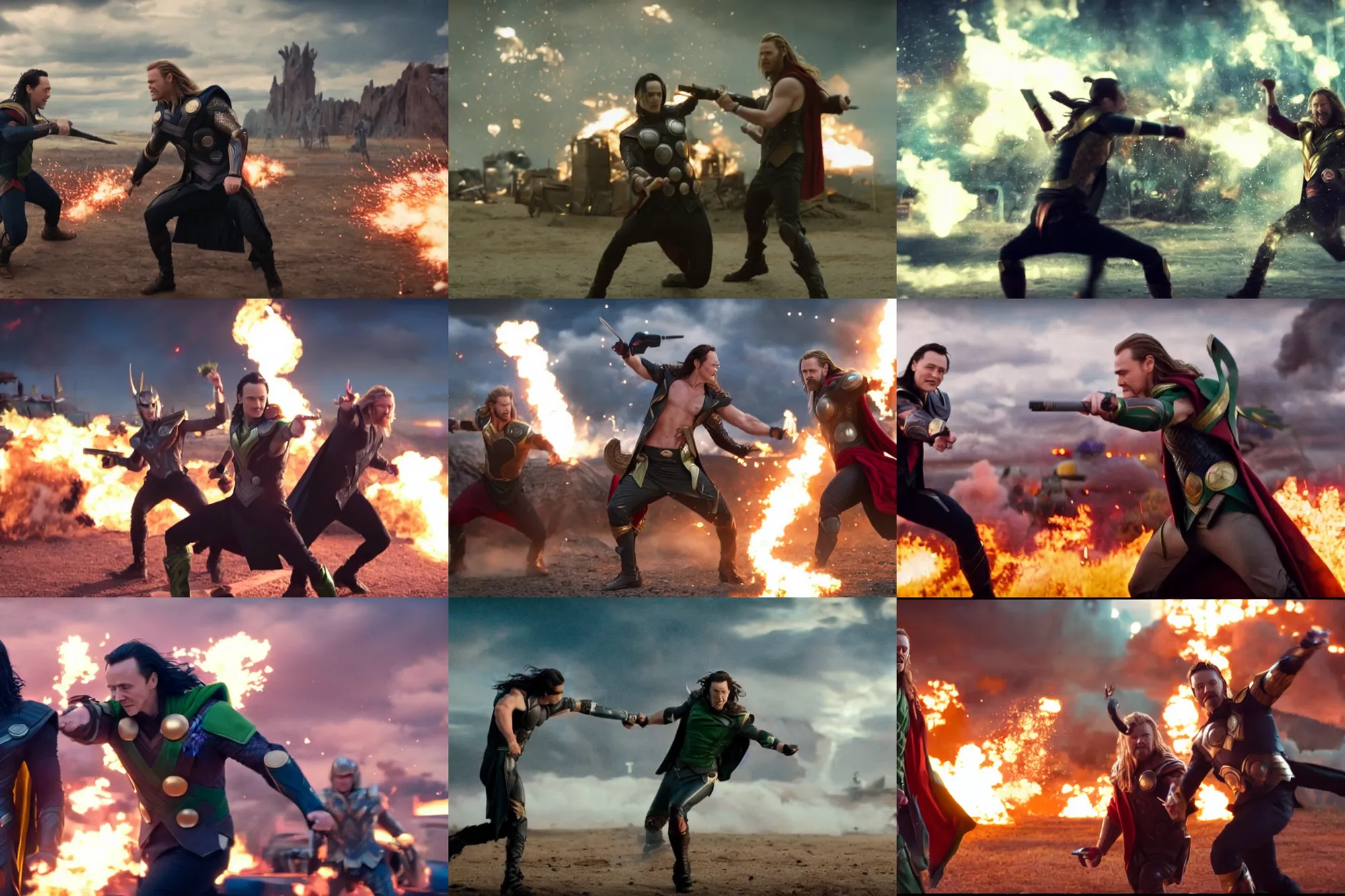 Prompt: loki and thor in a pistol gunfight, explosions in background, photo cinematography