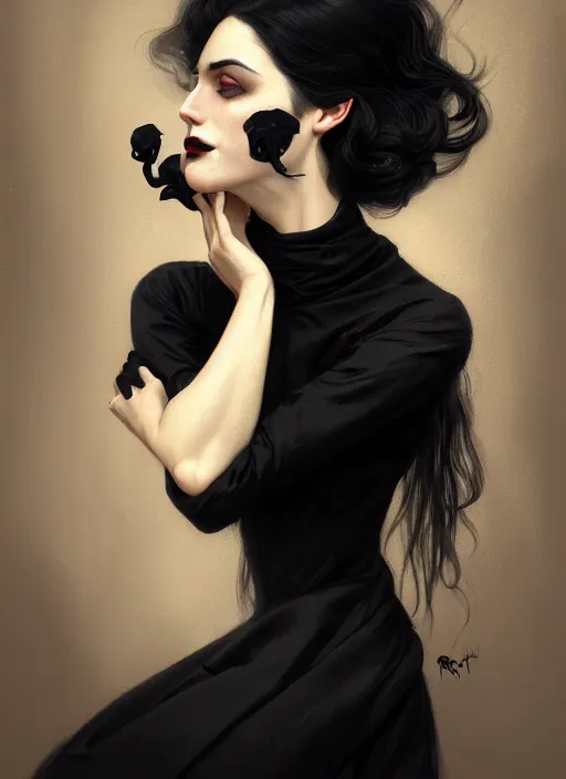 Image similar to portrait of a woman with a crooked nose and a confident expression, 1 9 6 0 s, long hair, black clothes, goth, intricate, elegant, highly detailed, digital painting, artstation, concept art, smooth, sharp focus, illustration, art by wlop, mars ravelo and greg rutkowski