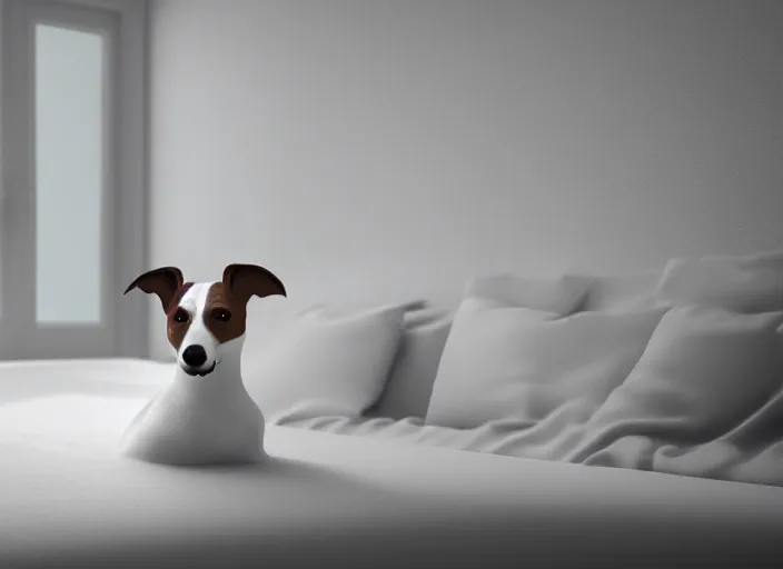 Image similar to photography of a Jack Russel watching outside the window on a bed in a 3d rendered white room, octane render, 3d, foggy, volumetric light, volumetric fog, photorealistic, unreal engine 5, award winning photo, 100mm, sharp, cloth, high res