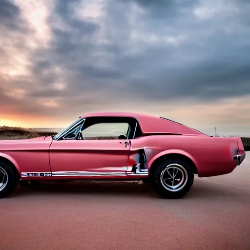 Image similar to long shot of 1967 Ford mustang Shelby GT500 in pink color at sunset in front a beach, 4k, HD Photography