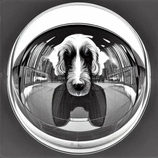 Image similar to self portrait of a havanese dog reflecting into a chrome sphere, 1 9 5 0 s, pen on paper, by mc escher