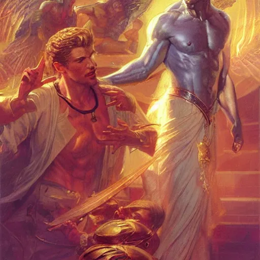 Image similar to attractive male deity casts light spell, summons attractive male lucifer morningstar. highly detailed painting by gaston bussiere, craig mullins, j. c. leyendecker 8 k