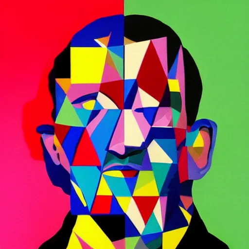 Image similar to a painting of a man's face made up of triangles, a pop art painting by Milton Glaser, featured on behance, crystal cubism, pop art, anaglyph effect, anaglyph filter