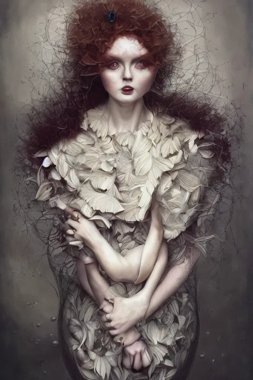 Prompt: an intricate realistic oil painting of a fashion model resembling lily cole, wearing avant garde fashion, clothing by alexander mcqueen, clothing by iris van herpen, headspace, runway, by tom bagshaw, by karol bak, emil melmoth