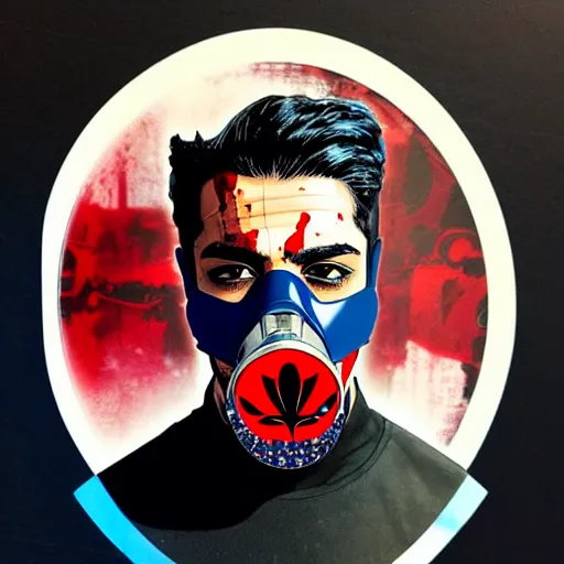 Image similar to a profile photo of a persian man with a diving mask with side profile blood in ocean intricate details by MARVEL comics and Sandra Chevrier-C