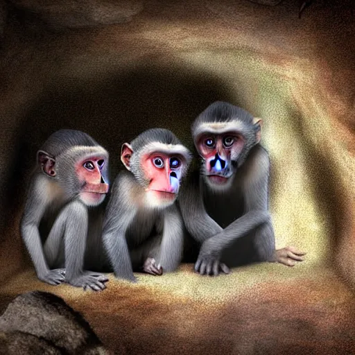 Prompt: two macaques looking at each other inside ancient cave, digital art, soft shadows, creepy art, shadman art