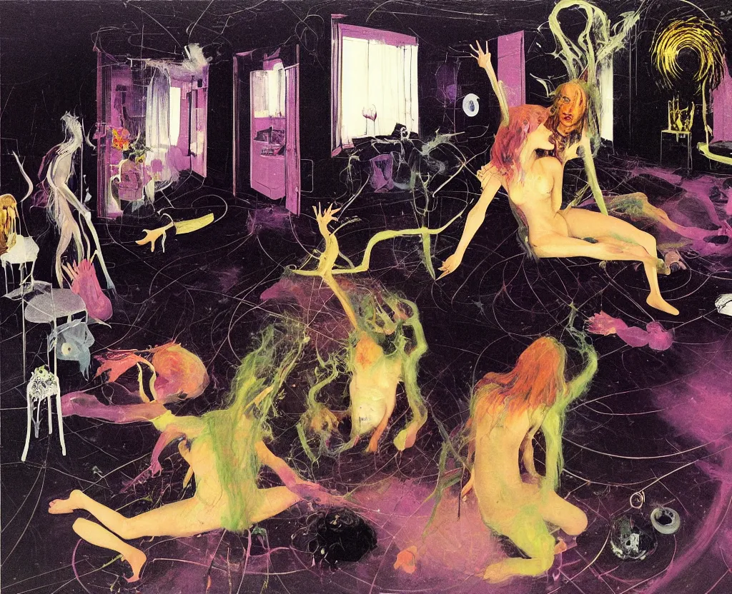 Image similar to young lovers start to bounce in a living room of a house, floating dark energy surrounds the middle of the room. There is one living room plant to the side of the room, surrounded by a background of dark cyber mystic alchemical transmutation heavenless realm, cover artwork by francis bacon and Jenny seville, midnight hour, part by adrian ghenie, part by jeffrey smith, part by josan gonzales, part by norman rockwell, part by phil hale, part by kim dorland, artstation, highly detailed