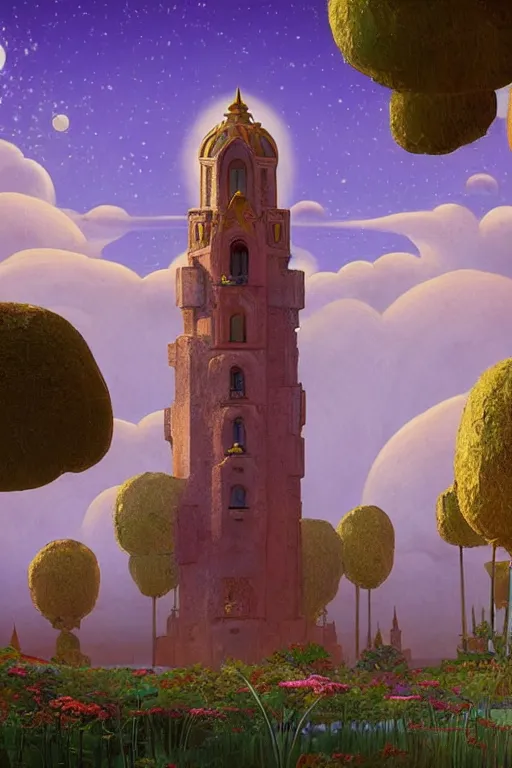 Image similar to distance view of the painted tower of the moon in its gardens fairytale illustration, tall windows, beautiful moorish tiles, dramatic cinematic lighting, rich colors, golden age illustration, by Sylvain Sarrailh and Nicholas Roerich and jean delville and Tyler Edlin and William Dyce, unreal engine