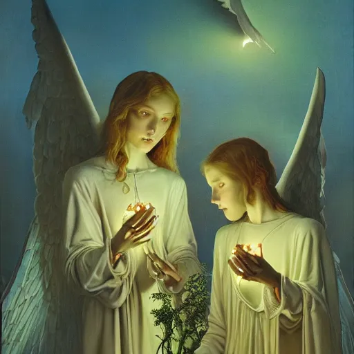 Image similar to Soul eating angels satisfy their hunger, light illumination at sunset, by James C. Christensen height 768-C 9.0