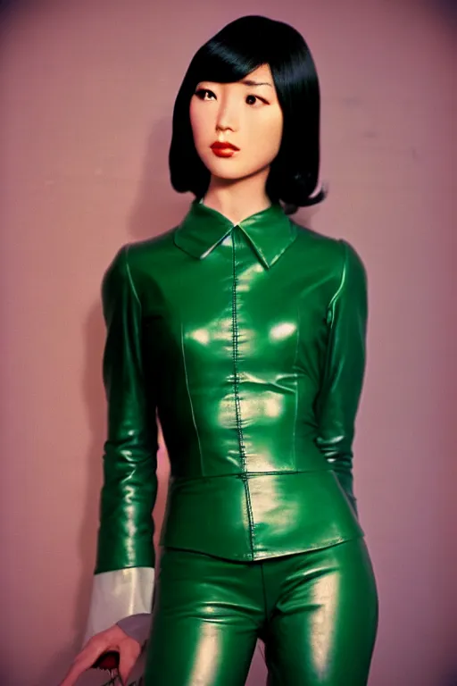 Prompt: ektachrome, 3 5 mm, highly detailed : incredibly realistic, youthful asian demure, perfect features, feminine cut, beautiful three point perspective extreme closeup 3 / 4 portrait photo in chiaroscuro style 1 9 7 0 s frontiers in flight leather suit cosplay vogue fashion edition, nick night, show studio, emerald backdrop