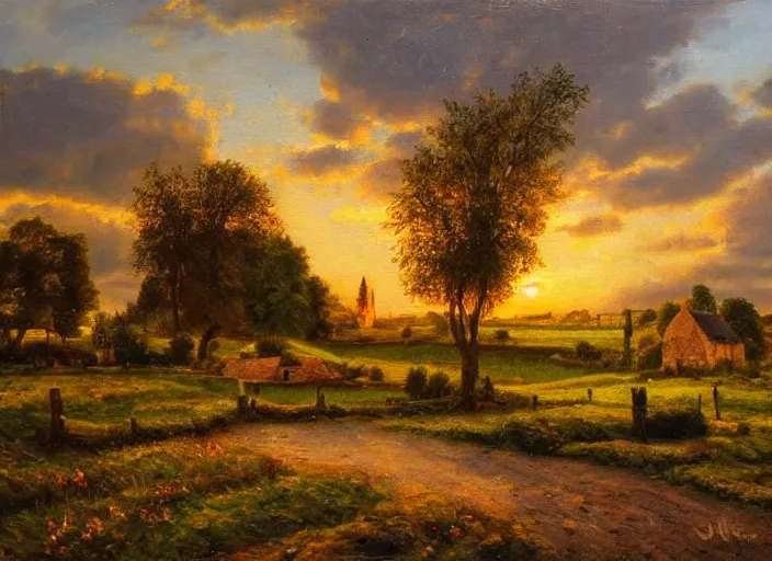Image similar to beautiful oil landscape painting of an old quaint English village in the countryside, fields, sunset, ambient light, high detail