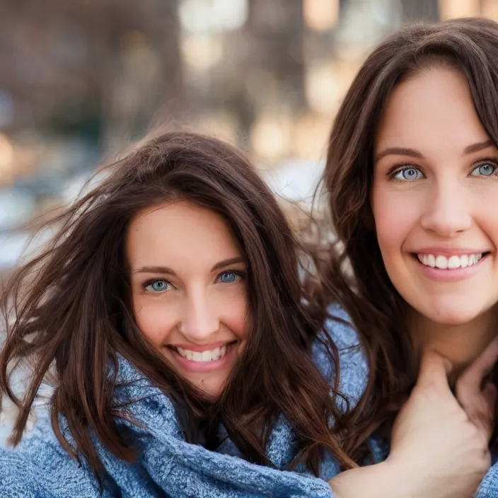 Prompt: a beautiful girl from minnesota, brunette, joyfully smiling at the camera ( ( ( opening ) ) ) her brown eyes. thinner face, irish genes, dark chocolate hair colour, wearing university of minneapolis coat, perfect nose, morning hour, plane light, portrait, minneapolis as background. healthy, athletic, in her early 3 0