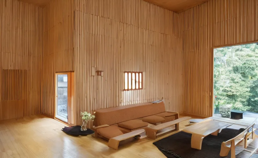 Image similar to luxurious wooden cottage by alvar aalto, modern japanese living room, japanese flower arrangements, coherent composition, architecturally accurate, architecture photography