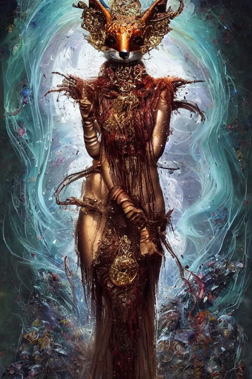 Image similar to priestess thin woman with curly red hair with glittering priestess clothes wearing a glittering fox mask with tiny mineral and bismuth incrustations. By tom purvis, emil melmoth, zdzislaw belsinki, Craig Mullins, yoji shinkawa, dark rainbow color scheme, featured on artstation, beautifully lit, Peter mohrbacher, zaha hadid, hyper detailed, insane details, intricate, elite, ornate, elegant, luxury, dramatic lighting, CGsociety, hypermaximalist, golden ratio, environmental key art, octane render, weta digital, micro details, 3d sculpture, structure, ray trace 4k