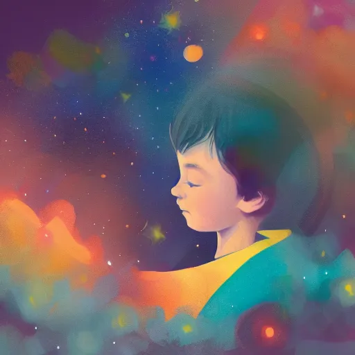 Image similar to a kid thinking of the universe, digital painting, elegant color palette