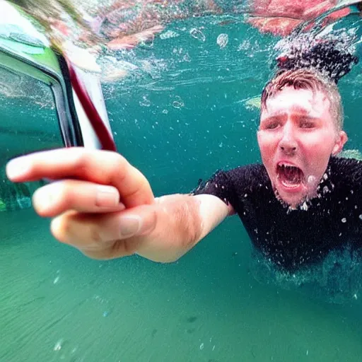 Prompt: guy drowning in an autobus full of water panic agitated go pro