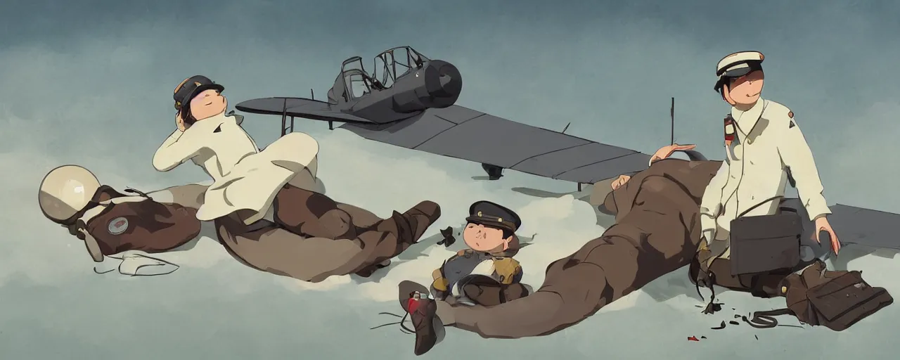 Prompt: dead baby seal dressed as a pilot from the 1 9 3 0 s, on the ground next to a crashed japanese zero plane, atey ghailan, goro fujita, studio ghibli, rim light, harsh bright lighting, clear focus, very coherent