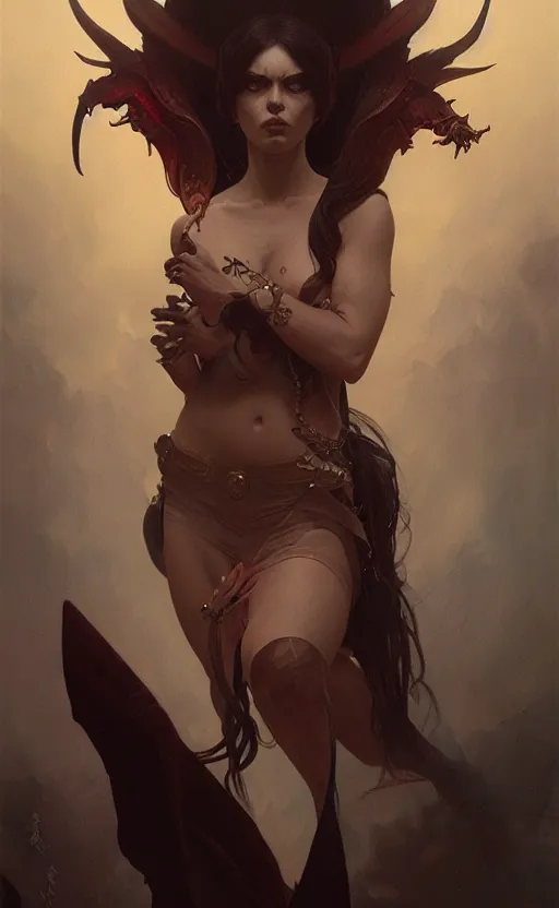 Prompt: a portrait of a devil woman, concept art, deep focus, intricate, highly detailed, digital painting, artstation, matte, sharp focus, illustration, art by greg rutkowski and alphonse mucha