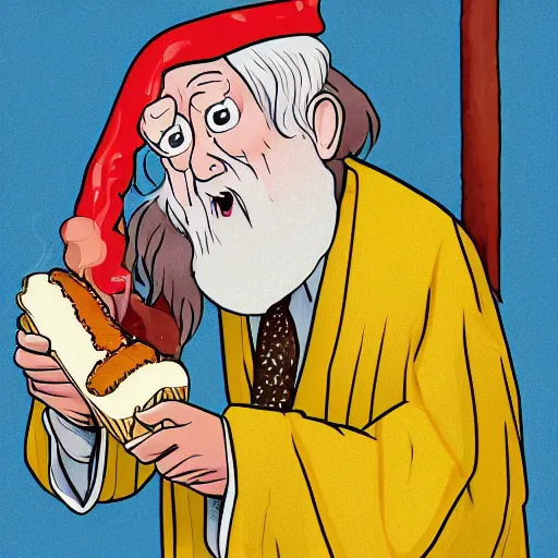 Prompt: dumbledore eating a hot dog messily, mustard and ketchup, high quality illustration