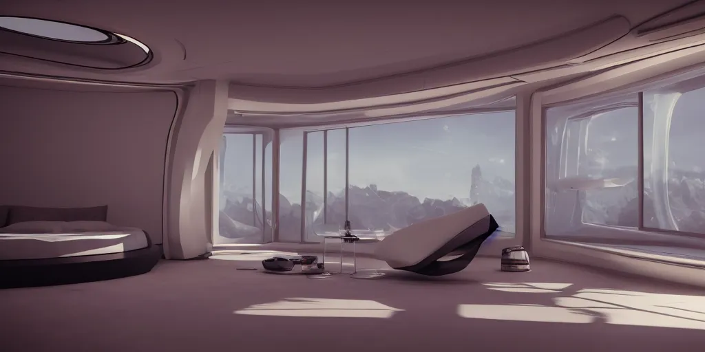 Image similar to a futuristic bed in the foreground of a futuristic minimalistic room with a huge window overlooking an alien planet, photorealistic, cinematic, octane render by oblivion movie thom tenery