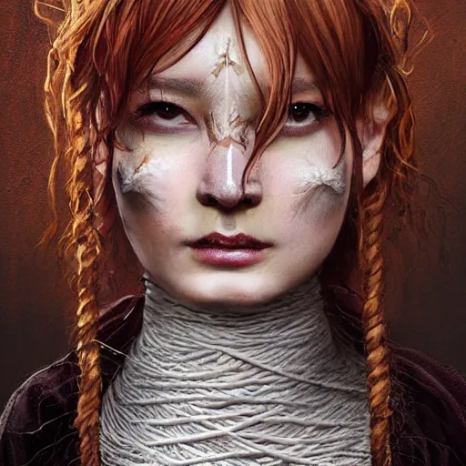 Image similar to portrait of a Shibari rope wrapped face and neck, headshot, insanely nice professional hair style, dramatic hair color, digital painting, of a old 13th century, traveler, amber jewels, baroque, ornate clothing, scifi, realistic, hyperdetailed, chiaroscuro, concept art, art by Franz Hals and Jon Foster and Ayami Kojima and Amano and Karol Bak,