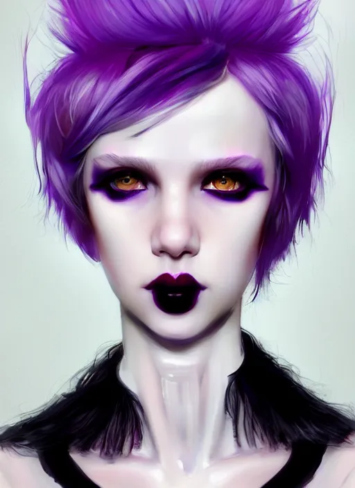 Image similar to portrait of white teenage girl, normal face, white bangs, mall goth, cyberlox, black and white hair, bangs, fluffy bangs, red contact lenses, purple lipstick, intricate, elegant, highly detailed, digital painting, artstation, concept art, sharp focus, smooth, illustration, art by wlop, mars ravelo and greg rutkowski