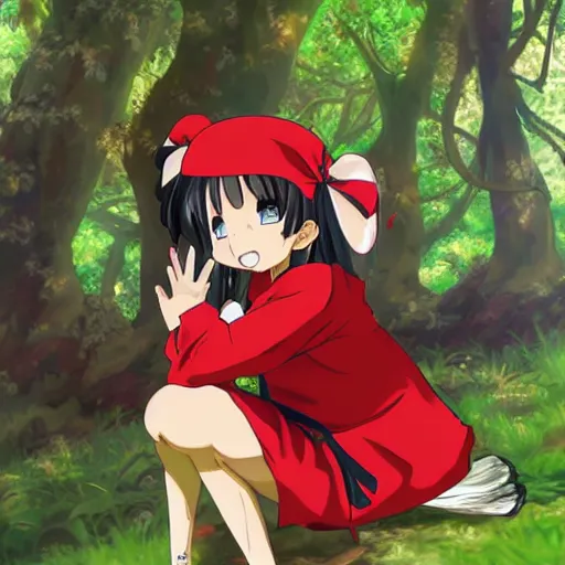 Image similar to a professional anime drawing of reimu in the jungle wearing bonnet