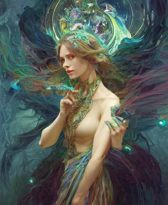 Image similar to a whirlwind of souls rushing inside the metaverse, half body, glowin eyes, insect, lizard, d & d, fantasy, intricate, elegant, highly detailed, colorful, vivid color, digital painting, artstation, concept art, art by artgerm and greg rutkowski and alphonse mucha and ruan jia