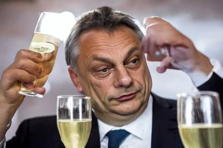 Prompt: viktor orban drinking champagne