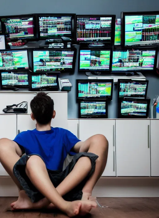 Prompt: a photo of a lonely depressed boy sitting in his room in front of a dozen computer and crt screens while crypto trading and smoking, room full of leftovers, hyperrealistic