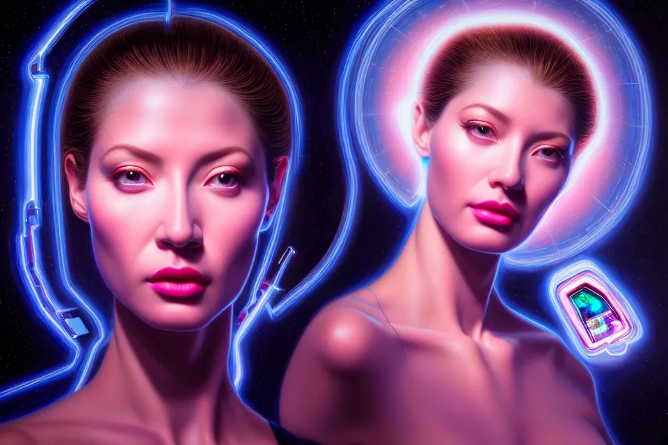 Image similar to beauty woman in holograms of alien artifacts, electrical case display, total recall tech, , ultrarealistic, dramatic lighting, electrical details, high details, 4k, 8k, best, accurate, trending on artstation, artstation, photorealism, ultrarealistic, digital painting, style of Tristan Eaton Stanley Artgerm and Hajime Sorayama, Caravaggio, Boris Vallejo