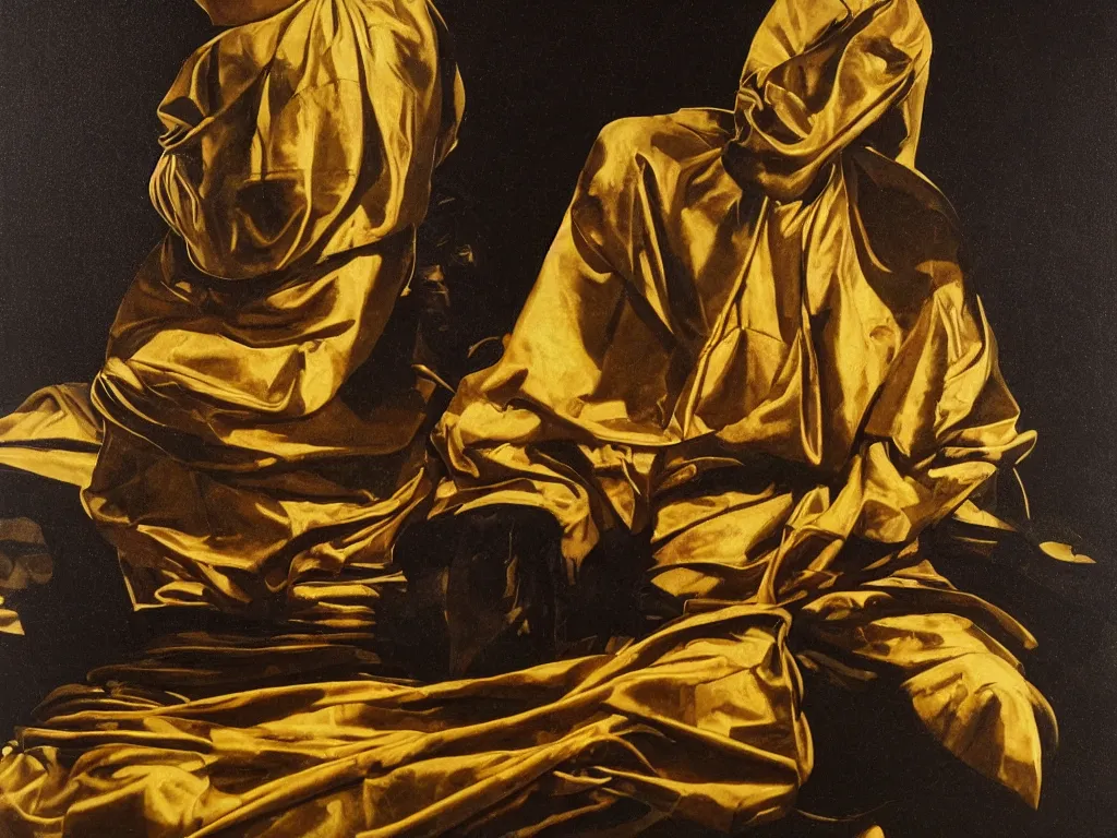 Image similar to hyperrealistic still life oil painting of a 3d sculpture of a monk dressed in black and gold robe, meditating sitting down wrapped in fabric and gently smiling, surrounded by prisms in a tesseract, by Caravaggio and bruce pennington, botanical print, surrealism, vivid colors, serene, golden ratio, minimalism, negative space