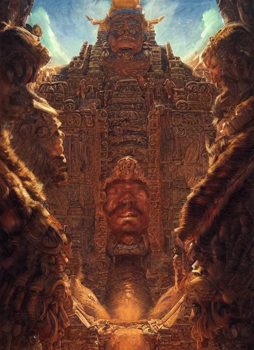 Image similar to digital _ painting _ of _ mayan god _ by _ filipe _ pagliuso _ and _ justin _ gerard _ symmetric _ fantasy _ highly _ detailed _ realistic _ intricate _ port