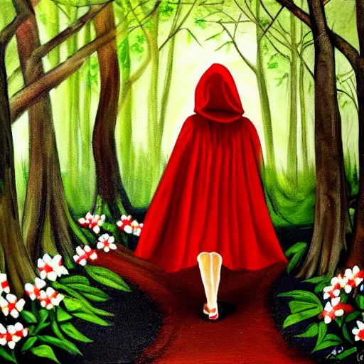 Image similar to little red riding hood walking through a dark forest, surrounded by brugmansia trees with white flowers, painting