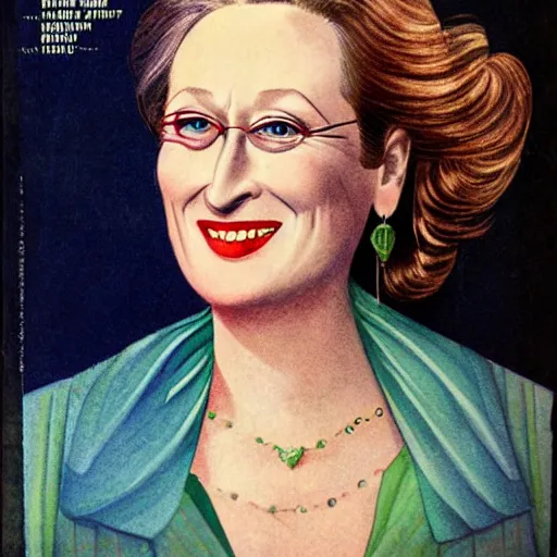 Image similar to “Meryl Streep portrait, color vintage magazine illustration 1950”