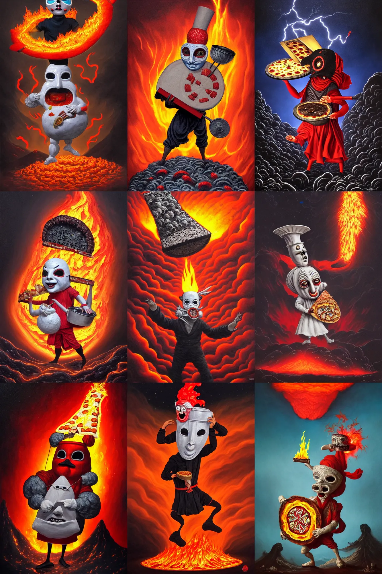 Image similar to an extremely detailed pulcinella like character wearing a mask holding a large pizza in front of a volcano spewing lava and black smoke, from below, streams of glowing hot lava, flashes of lightning in the distance, wide shot, long shot, an ultrafine detailed painting by joe fenton, deviantart, pop surrealism, whimsical