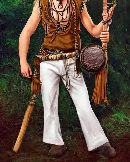 Prompt: a hippy male ranger, dnd, wearing a leather vest and white linen pants, puka shell necklace, long swept back blond hair, with a bongo drum and nunchuku, chiseled good looks, digital art