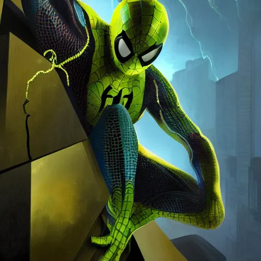 Image similar to moody atmospheric render of a cyborg spiderman with a chartreuse and teal color scheme by leon tukker