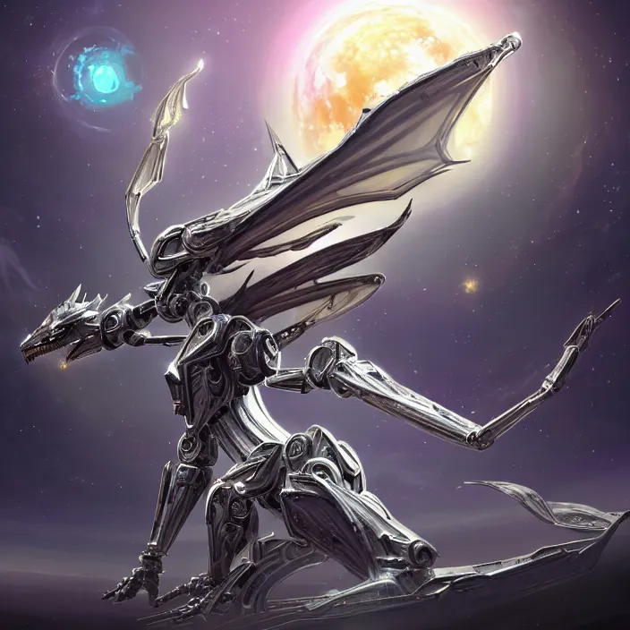 Image similar to goddess shot, galactic sized stunning beautiful anthropomorphic robot mecha female dragon, in space, larger than planets, posing elegantly, the earth a mere marble in her claws, detailed silver armor, epic proportions, epic scale, detailed digital art, ultra detailed, furry art, macro art, dragon art, giantess, warframe fanart, furaffinity, deviantart, realistic