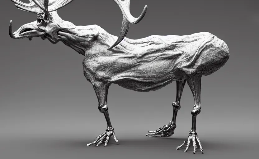 Image similar to stylized shiny polished silver statue full body bizarre extra limbs cosmic horror quadruped animal moose deer skull four legs made of marble of slug worm creature tendrils perfect symmetrical body perfect symmetrical face hyper realistic hyper detailed by johannen voss by michelangelo octane render blender 8 k displayed in pure white studio room anatomical deep red arteries veins flesh hell