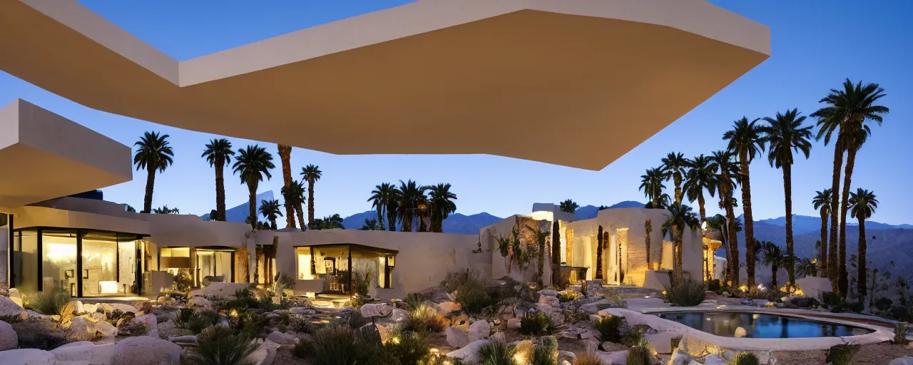 Prompt: hillside cantilevered desert pavilion on moonless night, stars, dramatic view, palm springs, white stone, serene, glass, stone, large overhangs, beautiful vistas with cacti, long illuminated pool with hot tub, rooftop deck, minimal kitchen, nesting glass doors, realistic, architectural photography