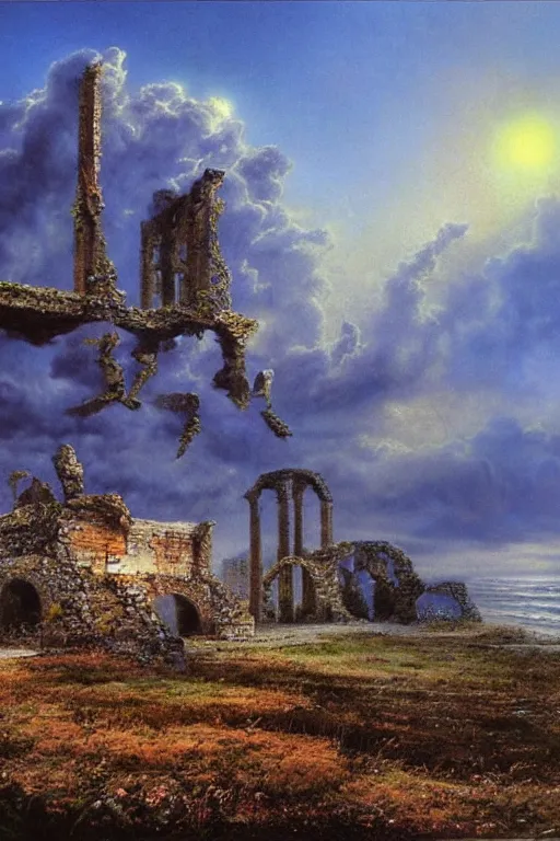 Prompt: ruins by the sea, fantasy puffy sky, matte painted by bob eggleton